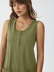 SHEIN LUNE Women Front Opening V-Neck Sleeveless Jumpsuit With Pockets - Green - View 6