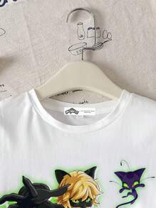 Miraculous Ladybug X SHEIN Conjunto de 2 piezas de niña pre-adolescente con camiseta de manga corta de verano informal con estampado de letras de dibujos animados - Multicolor - Ver 4