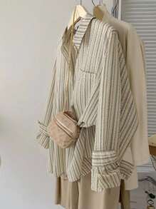 INAWLY Áo sơ mi sọc dài tay thường ngày cỡ chuẩn dành cho nữ, thích hợp cho đi chơi & nghỉ dưỡng - Màu Khaki - Xem 1