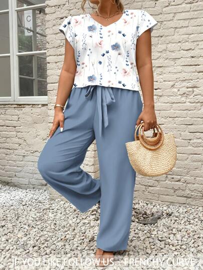 SHEIN Frenchy Plus Size Women Holiday Floral Print Flutter Sleeve Top And Tie-Knot Waist Pants Casual 2pcs Set,2 Pieces Summer OutfitSummer Outfits For Women