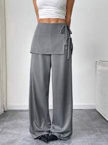 Flirla 女式系带皮革饰边直筒阔腿休闲裤，优雅风格，春夏