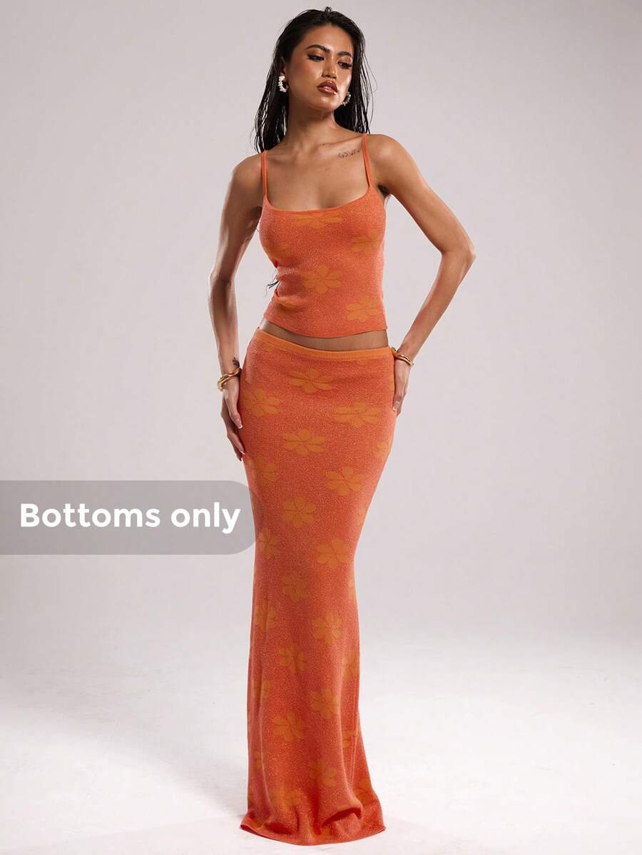 SHEIN BAE Women Knit Skirt, Minimalist Fashion Casual Everyday Wear Valentine's Day Vacation Woman Summer Beach Skirt For Woman Jacquard Low-Rise Maxi Skirt - Orange - View 1