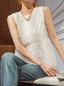 DAZY Top sin mangas de cuello redondo con textura elegante para mujer, blusas de salida de verano