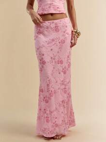 SHEIN BAE 女士优雅亮片刺绣半身裙，夏季 - 粉色 - 查看 6