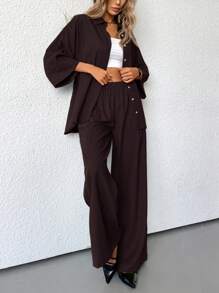 Aveloria Modichic 2 件套女士混纺侧开衩宽松衬衫和高腰阔腿裤优雅商务休闲女装