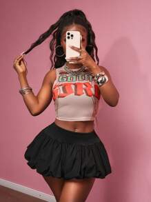 Slaydiva 2025 Summer New Style Birthday Party Graduation Season Student Wear Daily Street Basic Versatile Leisure Vacation Cruise Travel Beach Seaside Sunbathing Popular Online Round Neck Sleeveless Letter Print Racer Back Tight Short Apricot Top And Black Flower Bud Mini Skirt Summer Suit Women's Two-Piece Suit