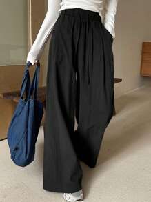 DAZY 女士宽松松紧腰阔腿裤，秋季休闲纯色长裤 - 黑色 - 查看 6