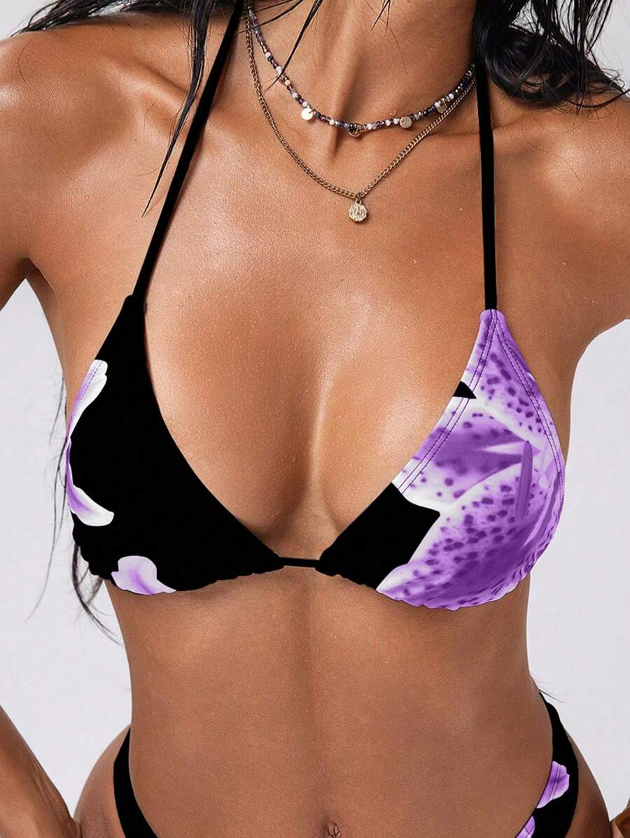 Swim EVENT Women's Summer Floral Print Halter Bikini Top, Vacation Beach Style - Purple - View 1