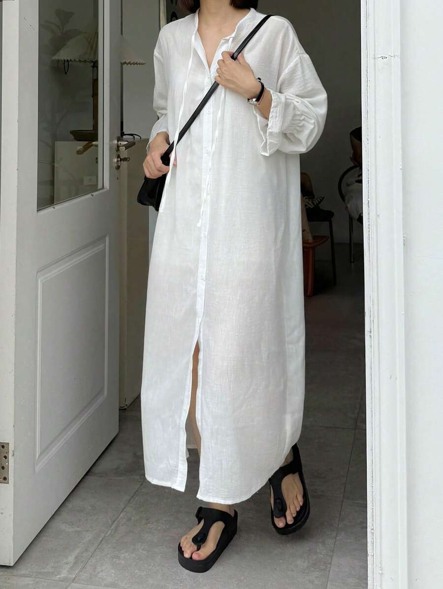 FRIFUL Women's Loose White Long Shirt Sheer Overshirt With Bell Sleeve, Spring/Summer Long Sleeve Top - White - View 1