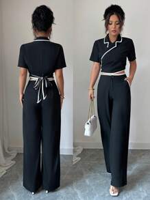 SHEIN Unity 2 件套女士纯色短袖上衣和裤子套装，工作通勤装 - 黑色 - 查看 1