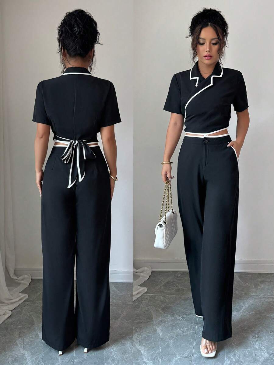 SHEIN Unity 2 件套女士纯色短袖上衣和裤子套装，工作通勤装 - 黑色 - 查看 1