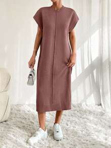 EURMUSE Solid Button Detail Batwing Sleeve Sweater Dresss - Dusty Pink - View 7
