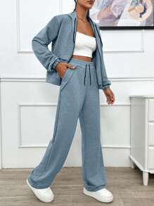EURMUSE TWO PIECES TWO THREAD LIGHT GREY HOODIE SWEATSHIRT AND SWEATPANT WITH SPARKLE STONE DETAIL - Baby Blue - View 5