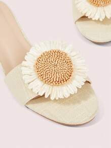 CUCCOO DOLLMOD Women's Apricot Linen Sunflower Decor Strap Round Toe Fashion High Heel Slide Sandals - Apricot - View 7