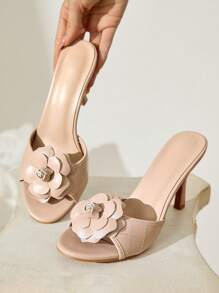 CUCCOO CHICEST 女士夏季新款山茶花圆头高跟凉鞋，优雅浪漫经典杏色仿皮细高跟鞋，适合下午茶、约会、时尚派对、度假 - 杏色 - 查看 9