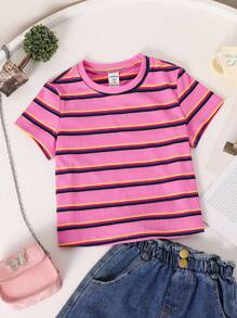 Camiseta casual de cuello redondo a rayas para niña joven