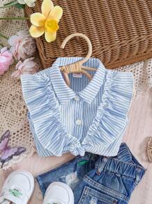 Babygirl Summer Cute Versatile Striped Ruffle Trim Camisole Shirt - Blue - View 1