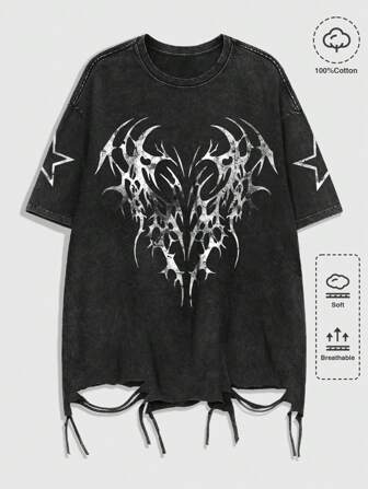 Grunge Punk T-shirt da uomo a maniche corte con scollo rotondo, stampa stelle stile gotico estivo, Ognissanti, stile anni 2000