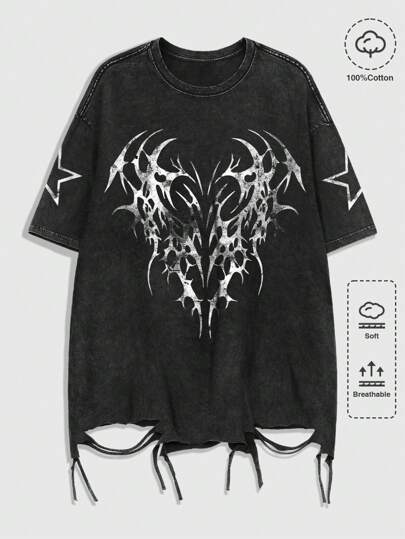 Grunge Punk Herren Sommer Goth Stern Muster Rundhals Kurzarm T-Shirt, Halloween, 2000er Jahre Stil