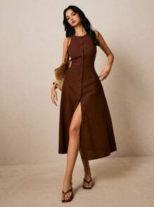 Poéselle Women's Round Neck, Single-Breasted, Sleeveless, Brown  Dress - Brown - View 5