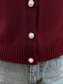 EURMUSE Gold Button Short Sleeve Elegant Cardigan - Burgundy - View 4