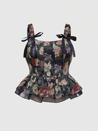 ROMWE Avant Camiseta ajustada con tirantes de mariposa de jacquard floral, para outfits de verano en resorts, talla grande