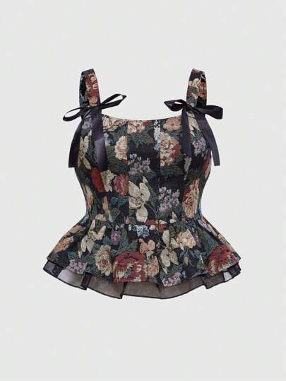 ROMWE Avant Plus Size Floral Jacquard Butterfly Strap Fitted Tank Top, Summer For Resort