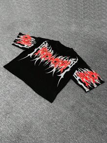 Manfinity EMRG 男士哥特式街头时尚T恤，采用高饱和度红色3D泡泡印花和7/8袖圆领设计。这款哥特式T恤采用超大图案印花，使其成为Y2K美学中完美的街头风格单品，也是送给男朋友或老公的绝佳礼物。 - 黑色 - 查看 3