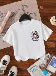 SHEIN Toddler Girls' Casual Cute Raccoon & Heart Slogan Print Round Neck Short Sleeve T-Shirt, Comfortable & Fashionable - White - View 3