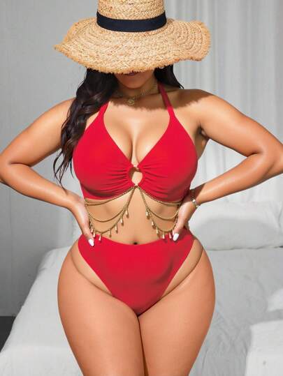 Swim SXY Plus Size Women Holiday Beach O-Ring Chain Bikini Set For Summer Beach Vacation