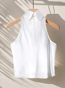 GlowEve Women's Summer Casual Solid Color Polo Collar Sleeveless Shirt - White - View 2