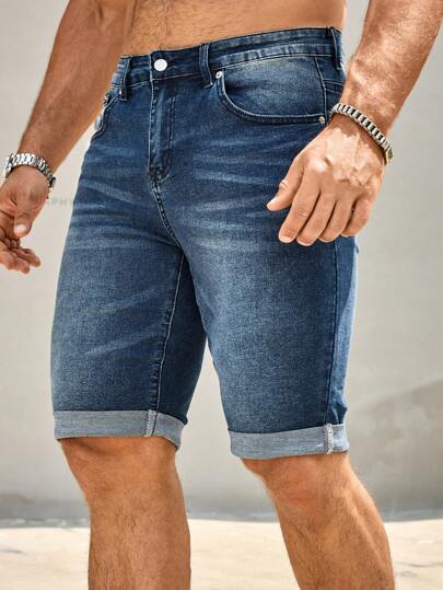 Manfinity Homme 男士休闲水洗贴袋牛仔短裤，夏季