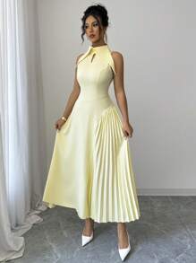 Modelyn Vintage Square Neck Sleeveless Stylish French Style Dress - Light Yellow - View 4