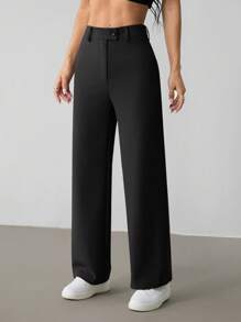SHEIN PETITE Damen Lässig Minimalistische einfarbige Loose Straight-Leg Hose mit Reißverschluss, für den täglichen Gebrauch