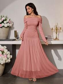 Modelyn Gaun Maxi Panjang Wanita Model Off Shoulder, Romantis, Elegan, Berlipit, Berbentuk Lonceng, Modis, Musim Semi/Panas - Dusty Pink - View 4