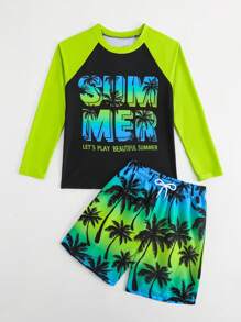Tween Boys 2pcs Swimwear Set: Long Sleeve Solid Rashguard Top And Palm Tree Letter Print Pattern Gradient Swim Trunks