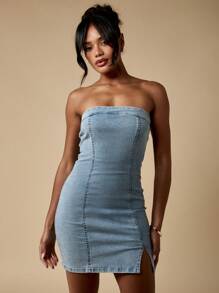 MISSGUIDED Strapless Bandeau Mini Denim Dress Bodycon Form Fitting Club Night Out Party Dress Side Slit Design - Light Wash - View 1