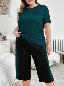 Conjunto de pijama de talla grande con bloque de color, estampado de letras y corazones, de manga corta y pantalones, conjunto de ropa - Multicolor - Ver 6