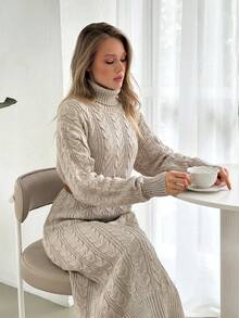 Womens Winter Dress Solid Color Cable Knit Pattern Turtleneck Long Sweater Dress Beige Sweater Dress Cable Knit Sweater Dress Midi Sweater Dress Turtleneck Sweater Dress