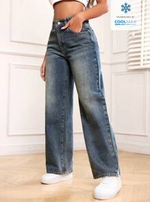 SHEIN PETITE 女式复古蓝色牛仔裤，带口袋，休闲时尚 - 藍色 - 查看 7