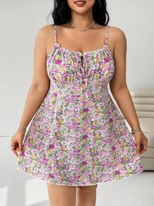 SHEIN EZwear Vestido de talla grande con escote en V, estilo vacacional, con cordones cruzados en el pecho y estampado floral pequeño - Multicolor - Ver 4