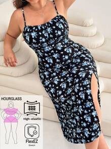 Solflare Vestito casual con fantasia floreale di grandi dimensioni per donna, blu