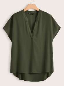 Rusticease Plus Notch Collar High Low Hem Top - Army Green - View 6