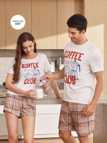 CoupledUp Casual Plaid & Coffee Letter Print Matching Pajama Set For Couples - White - View 7