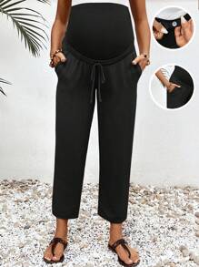SHEIN Maternity Solid Drawstring Waist Pockets Casual Pants - Black - View 1