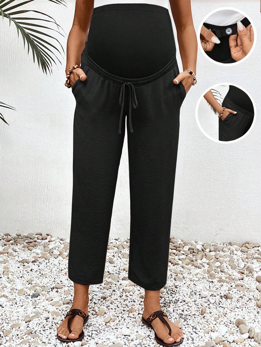 SHEIN Maternity Solid Drawstring Waist Pockets Casual Pants - Black - View 1