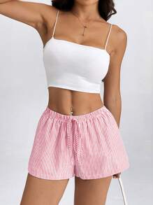 SHEIN PETITE 女士夏季海滩度假条纹低腰短裤 - 粉色 - 查看 3
