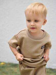 Cozy Pixies 2 pezzi/set, body neonato maschio decorativo in maglia, morbido, collo tondo, maniche corte, pullover e pantaloncini con vita elastica
