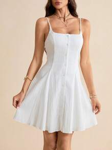 SHEIN Tall Damen einfarbiges weißes charmantes Knopf A-Linien Mini-Kleid - perfekt für sonnige Tage und lässige Unternehmungen, Damen A-Linien Kleider, Sommer Damenkleider, Weiße Kleider, Strandkleider für Damen, Lässige Tageskleider, Leichte Tageskleider, Träger Mini-Kleider, Sommerkleider, Weiße Abschlussballkleider - Weiss - Übersicht 5