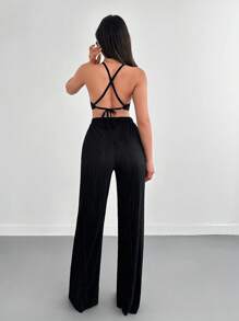 SHEIN Tall Ensemble coordonné de lounge froissé chic pour fille avec un top court à col montant et un pantalon ample. Ensemble deux-pièces en tissu pour femmes avec un Top et un pantalon à jambe large. Décontracté, élégant, pour un rendez-vous, un week-end de luxe